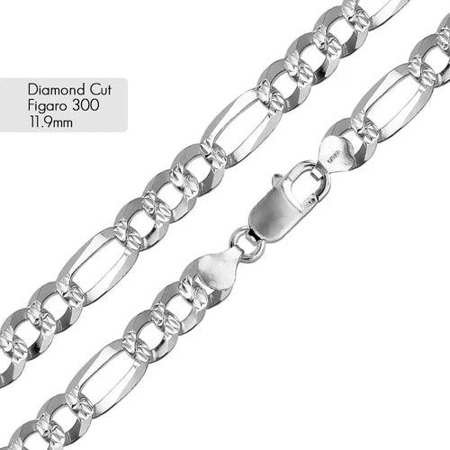 Daimond Cut Flat Figaro Chain 925 Silver/Cadena De 925 Plata Estilo Figaro Con Corte De Daimante