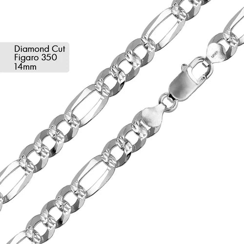 Daimond Cut Flat Figaro Chain 925 Silver/Cadena De 925 Plata Estilo Figaro Con Corte De Daimante