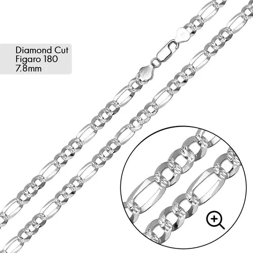Daimond Cut Flat Figaro Chain 925 Silver/Cadena De 925 Plata Estilo Figaro Con Corte De Daimante