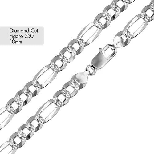 Daimond Cut Flat Figaro Chain 925 Silver/Cadena De 925 Plata Estilo Figaro Con Corte De Daimante