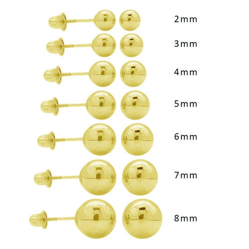 14k Solid Yellow Gold Screw Back Bead Stud Earring/                                  Aretes De 14k Oro