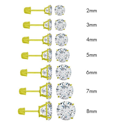 14k Solid Yellow Gold Round Screw Back Stud Earrings W/ CZ Diamonds/                  Aretes De 14k Oro Con Diamante De Cubic Zirconia