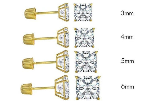 14k Solid Yellow Gold Square Screw Back Stud Earrings W/ Moissanite Diamonds/                Aretes De 14k Oro Con Diamante Moissanite Cuadrado