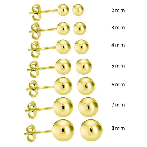 14k Solid Yellow Gold Push Back Bead Stud Earring/                    Aretes De 14k Oro