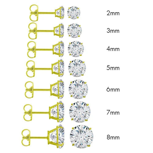 14k Solid Yellow Gold Round Push Back Stud Earrings W/ CZ Diamonds/               Aretes De 14k Oro Con Diamante De Cubic Zirconia Re Ronda