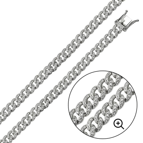 9mm Encrusted Curb Chain/Bracelet 925 Silver w/CZ Diamonds